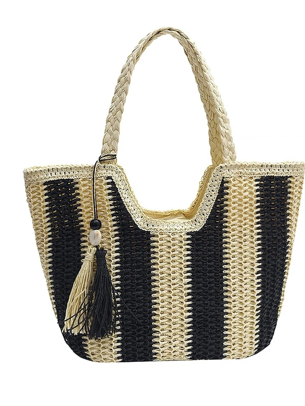 Woven Straw Tote Bag in Black and Natural